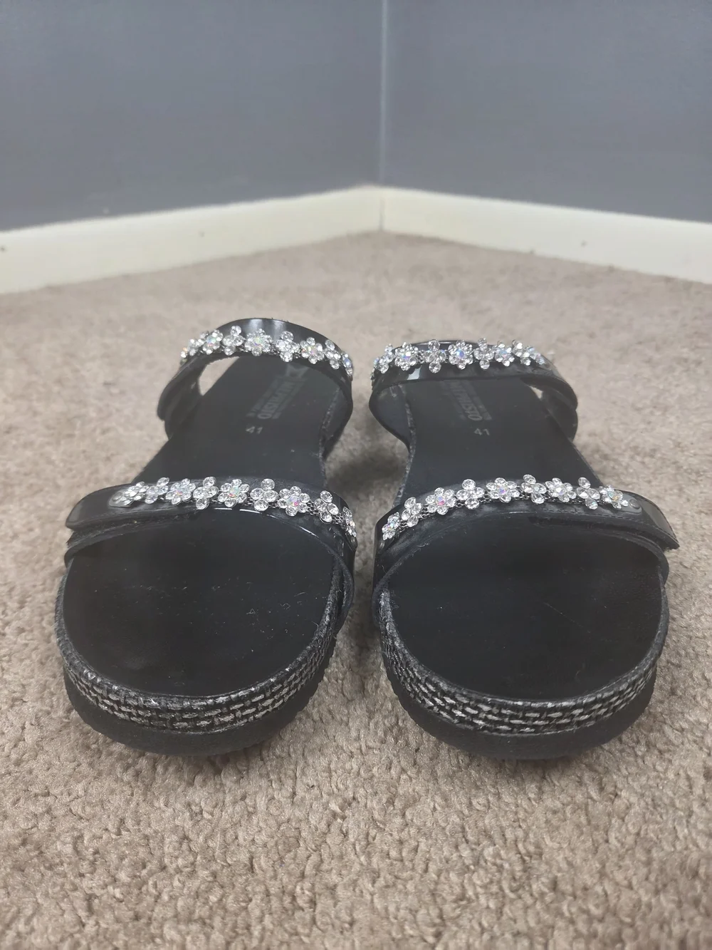 Mephisto Black Jeweled Slide Sandals